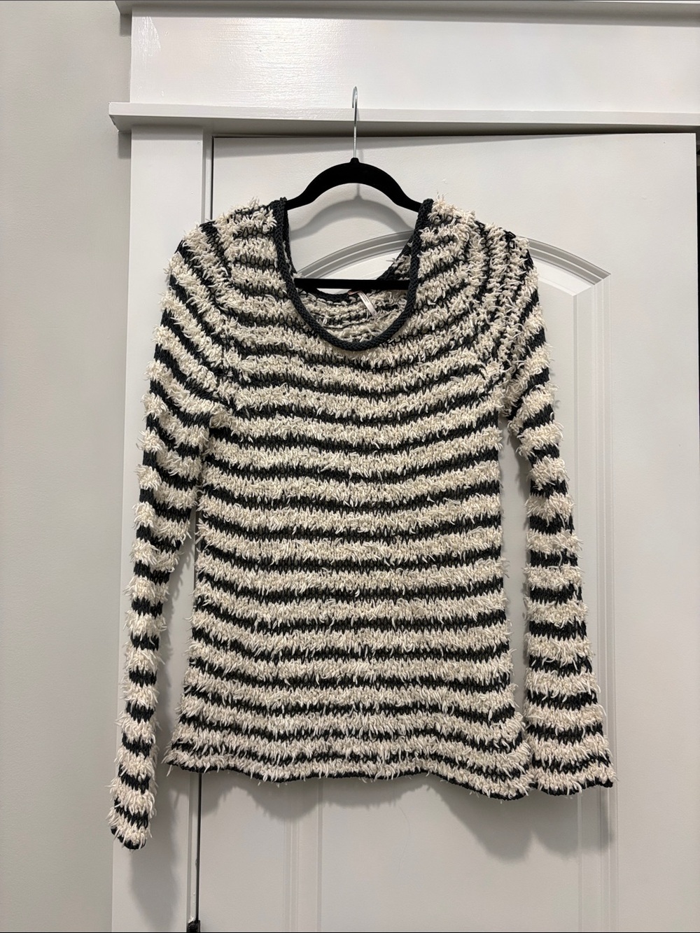 Free People Black & White Striped Fuzzy Crewneck Sweater